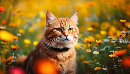 Cute ginger cat sitting in the field with flowers and looking at cameraの素材