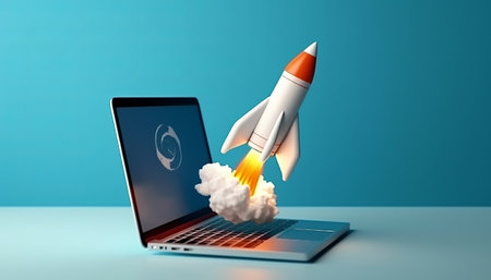 Rocket coming out of a laptop screen. 3D rendering illustration.の素材
