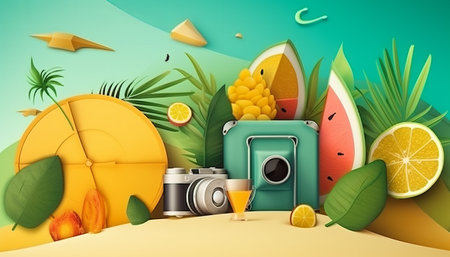 Summer holiday background with camera, fruits and palm leaves. Vector illustrationの素材