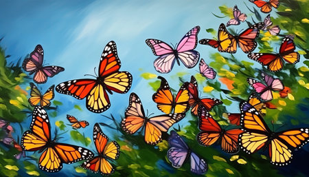 Beautiful butterflies on a background of blue sky, watercolor paintingの素材