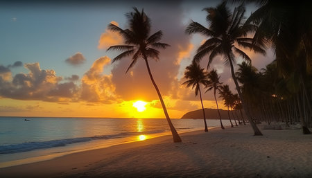 Beautiful sunset on the beach with coconut palm trees in paradise islandの素材