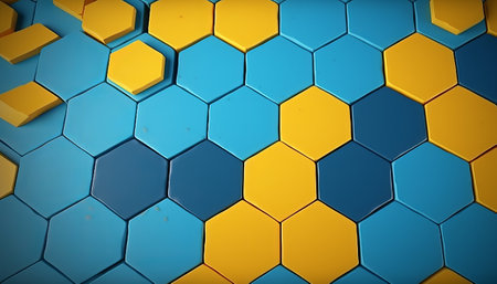 3d rendering of abstract hexagon background in blue and yellow colorsの素材