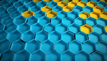 3d rendering of abstract hexagon background in blue and yellow colorsの素材