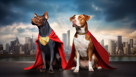 Two dogs in a red cloak of superheroes on the background of the cityの素材
