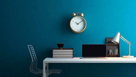 Workplace with laptop, coffee cup and clock on blue wall. 3D Renderingの素材