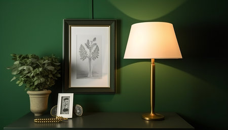 3D rendering of a green living room interior with black mock up poster frame, lamp and plantの素材