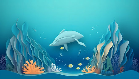 Underwater scene with dolphin and corals. Paper art style. Vector illustration.の素材