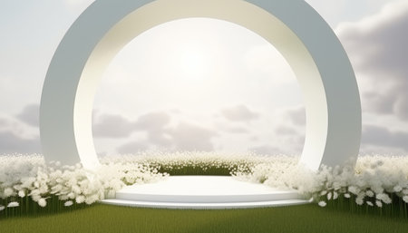 3d rendering of white flower podium with arch in the sky backgroundの素材