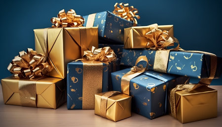 Gift boxes with golden bows on wooden table over blue background.の素材