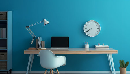 3D Rendering : illustration of modern creative designer desktop with computer, supplies and clock. Workspace mockup.の素材
