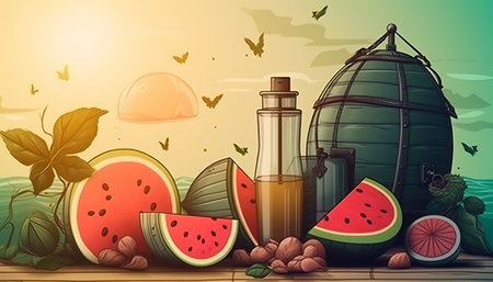 Fresh watermelon juice in bottle and ingredients on wooden table. Vector illustrationの素材