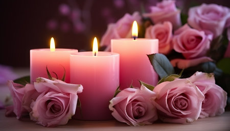 Pink roses and candles on wooden table, closeup. Romantic backgroundの素材