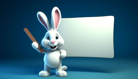 Easter bunny with blank sign - 3D Illustration on blue backgroundの素材