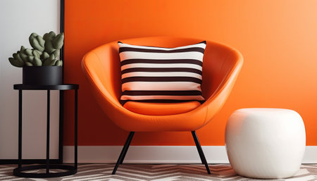 Orange armchair with black and white striped pillow in living room interiorの素材