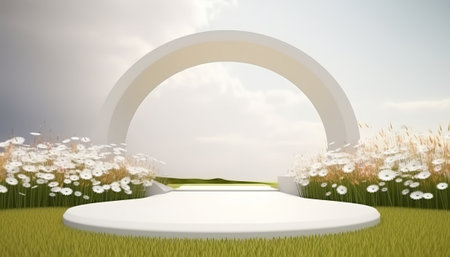 Round stage with white arch in the grass. 3D rendering.の素材