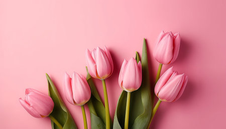 Bouquet of pink tulips on a pink background. Flat lay, top viewの素材
