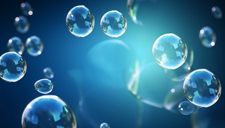 Soap bubbles on a blue background. 3d render illustration.の素材