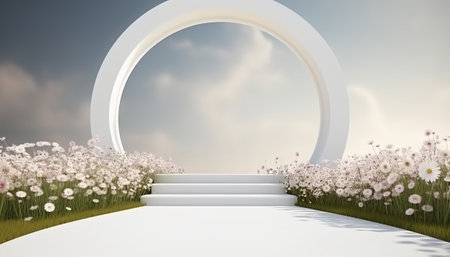 3D rendering of a white podium with an arch and flowers in the backgroundの素材