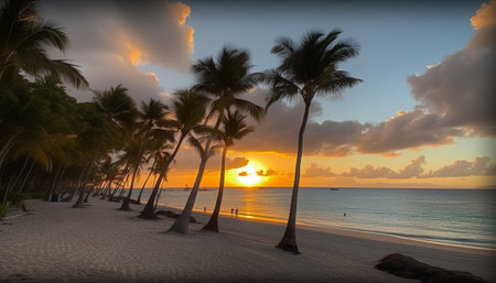 Palm trees on the beach at sunset in the tropics.の素材
