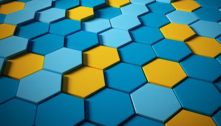 3d rendering of abstract hexagon background in blue and yellow colorsの素材