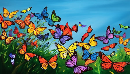 Colorful butterflies flying over green grass and blue sky background. Vector illustration.の素材