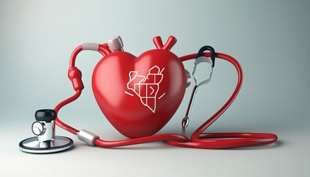 Red heart with stethoscope on grey background. 3d illustrationの素材
