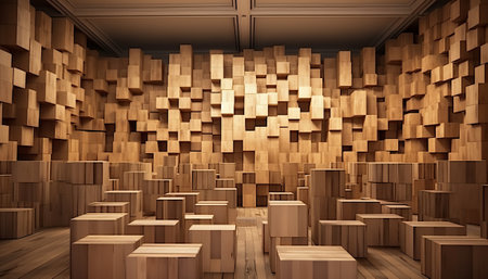3d rendering of a wooden room with a lot of wooden cubesの素材