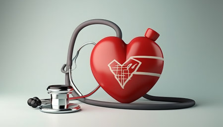 Red heart with stethoscope on grey background. 3D renderingの素材