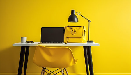 Modern workspace with laptop and yellow bag on the table. 3d renderingの素材