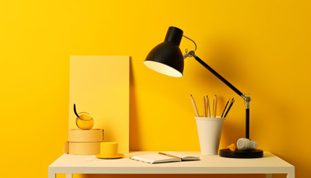 Stylish workplace with lamp and stationery on table near yellow wallの素材