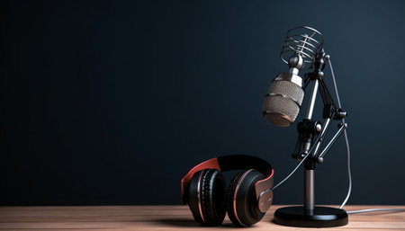 Microphone and headphones on a wooden table. 3d illustration.の素材