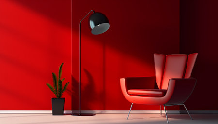 Interior of modern living room with red walls, concrete floor, red armchair and floor lamp. 3d renderingの素材