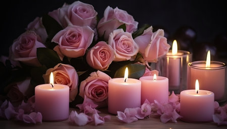 Beautiful pink roses and candles on wooden table, closeup viewの素材
