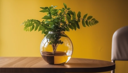 Small plant in a round glass vase on a wooden table and yellow backgroundの素材