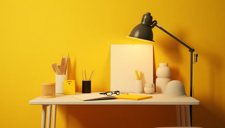 3d render of a workspace with a blank poster, lamp and stationeryの素材