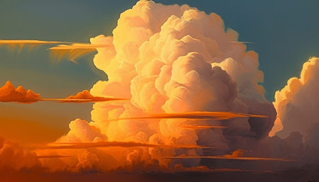 3D illustration of a huge cloud over the sea at sunset.の素材