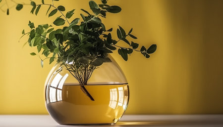 Decorative plant in a round glass vase on a yellow backgroundの素材