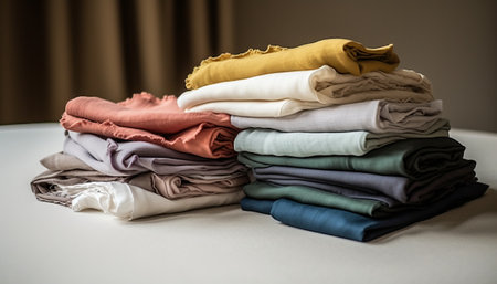 Pile of colorful clothes on white background. Selective focus.の素材