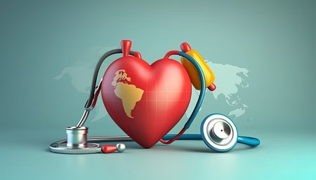 Heart with stethoscope and map of the world. 3d illustrationの素材