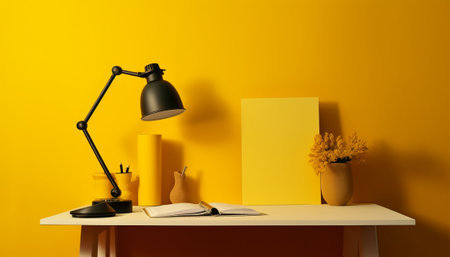Interior of modern room with yellow wall, books and table lampの素材
