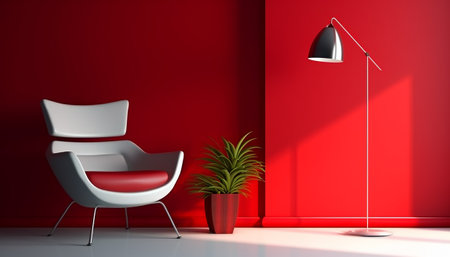 Red living room with armchair and lamp - 3D Renderingの素材