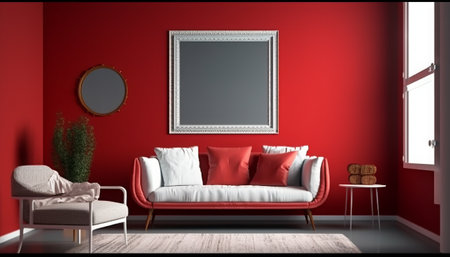 interior with red wall, sofa and armchair, 3d renderの素材