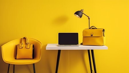 Modern workspace with laptop, bag and lamp on yellow wall. 3D Renderingの素材