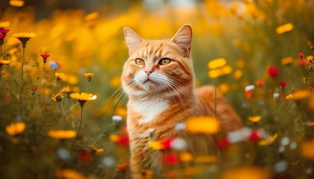 Cute ginger cat in the meadow with yellow flowers. Selective focus.の素材