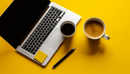 Laptop and coffee cup on yellow background. Top view with copy spaceの素材