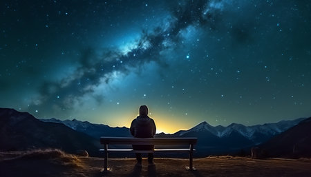 Man sitting on bench and looking at starry sky. Mixed mediaの素材