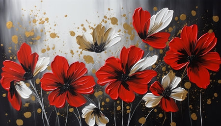 Red and white flowers on a black background with splashes of paintの素材