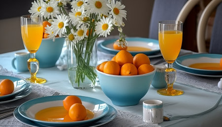 Easter table setting with orange juice and chamomile flowersの素材