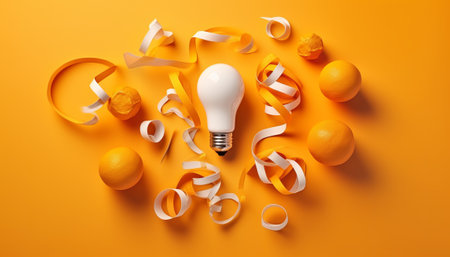 Creative layout made of orange and lightbulb on orange background. Minimal idea concept.の素材