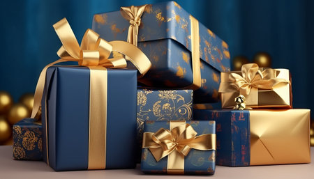 3d render of Christmas gift boxes with gold bow on blue backgroundの素材